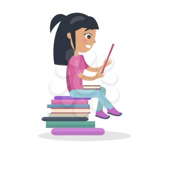 Profile of brunette girl with textbook sitting on pile of books vector illustration in concept of International Literacy Day isolated on white
