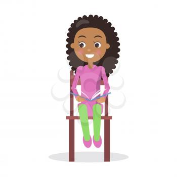 African smiling Girl with textbook sits on chair and reads interesting enciclopedia, vector illustration dedicated to International World Book and Copyright Day