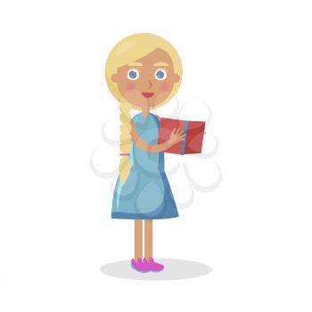 Blond girl with blue eyes holds open textbook vector illustration isolated. World Day of Book poster to promote reading, publishing and copyright