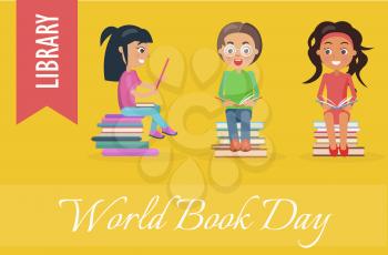 World book day at library promotion poster with children who sit on book piles and carefully read on yellow background vector illustration.