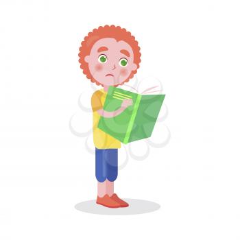 Redhead boy stands and reads book vector illustration isolated on white. World Day of Books poster to promote reading, publishing and copyright