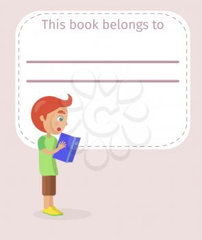 Book cover with place for signing and little readhead boy in T-shirt and shorts who reads with interest vector illustration.