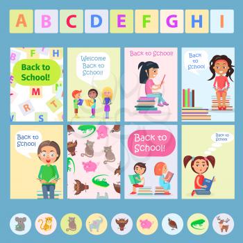 Welcome back to school card with reading kids, colored capital letters of alphabet, domestic and wild animals vector illustration.