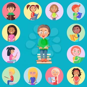 Small icons with read children on blue background. Boy with glasses holding open book and sitting on pile of literature vector illustration.
