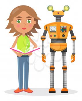 Little girl with open book and orange iron robot with lamp-eyes and colorful buttons isolated vector illustration on white background.