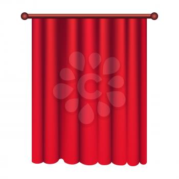 Long silk red theater curtain hangs on cornice on white background. Luxury scarlet silk curtain on curtain-rod. Theatre, banquet and concert hall decoration icon isolated vector illustration.