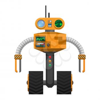 Yellow metallic robot with two wheels instead of legs isolated on white. Vector illustration of mechanical device with round glass eyes, cardio buttons, switches and measuring scale on circular body