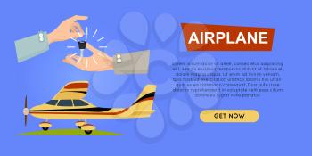 Buying airplane online plane sale web banner vector illustration. Encouraging customers to buy airplane. Transport advertising company e-commerce concept. Business agreement of getting new key.