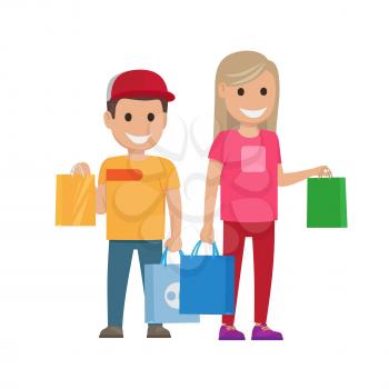Girl and boy stand and hold bags on white background. Family shopping day. Cartoon children have fun during shopping. Isolated vector illustration from shopping collection of family characters.