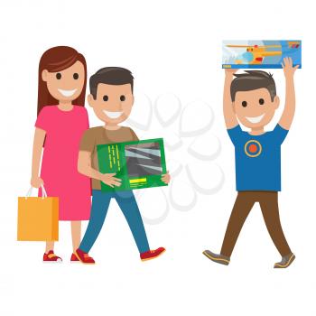 Family out on shopping mother holds bag and toy and two sons with boxes, in one of them toy helicopter, on white background. Cartoon family with toy presents. Shopping collection vector illustration.