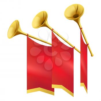 Three Musical golden trumpet decorates red flags on white background. Fanfares and music on way out vector illustration.