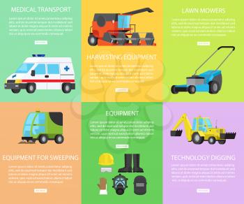 Worker and harvesting equipment, medical transport, lawn mowers, technology digging, engineering for sweeping, mechanical technique vector posters