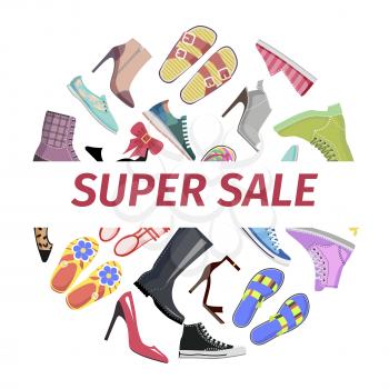 Super shoes sale circle concept. Leather and textile boots, sneakers and flip-flops sandals flat vector isolated on white background. Variety footwear illustration for discounts at end of season promo