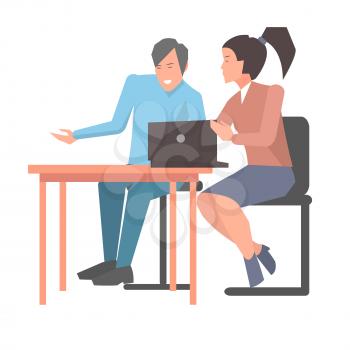 Customer development in startup young company. Male and female asian appearance sitting at table and discuss matters of partnership with open notebook. Vector illustration of startups set.