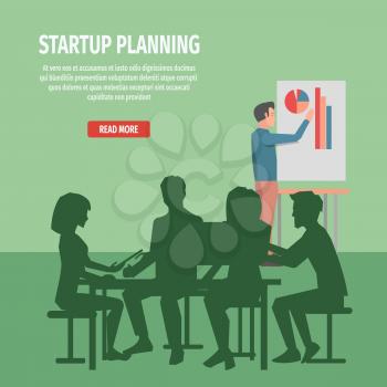 Startup planning with whole team at round table and with statistic chart board. Startup internet page with instructions vector illustration. Characters dark silhouettes during project discussion.