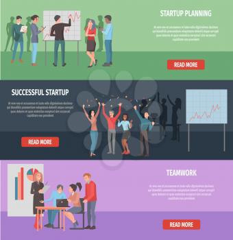 Startup planning, success and teamwork information on internet page. Instruction for people who work on business project vector illustration. Read more about each startup issue to get progress.