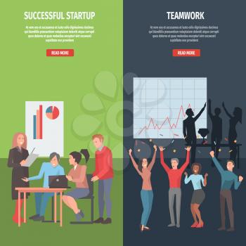 Internet guide in successful startup and well-knit teamwork creation. Cartoon people work on business project and celebrate success vector illustration. Read more about business project development.