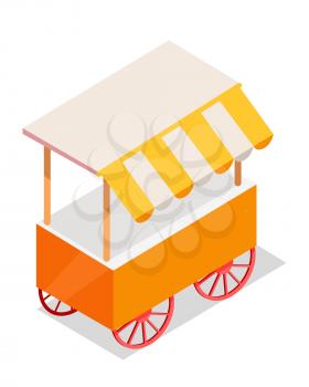 Street cart store isometric icon. Trolley with stall under colorful tent vector isolated on white background. Movable shop on wheels illustration for mobile eatery, fast food cafe, souvenir shop ad