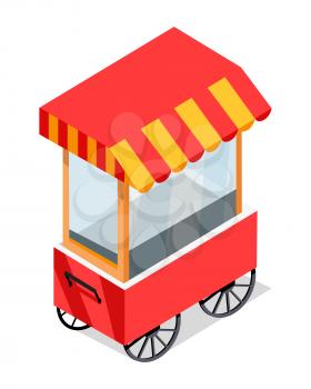 Street cart store isometric icon. Trolley with stall under colorful tent vector isolated on white background. Movable shop on wheels illustration for mobile eatery, fast food cafe, souvenir shop ad