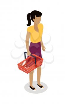 Woman standing with empty shopping basket isometric vector. Shopping daily products concept isolated on white background. Brunet female character template make purchases in supermarket icon