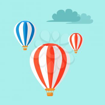 Airballoons flying in the blue sky vector illustration. Three colorful ballons fly among clouds. Air transportation symbols in flat design. Journey on hotair device concept, Taiwan means of transport