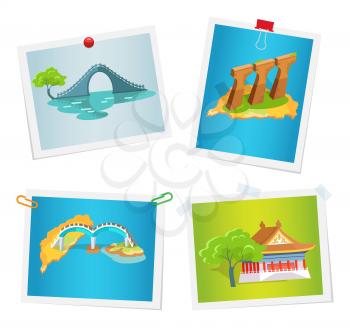 Taiwanese attractions on images attached to wall by paper clips, drawing pins and scotch tape. Vector colorful poster in flat design of Asian exotic bridges, columns set, traditional house with tree