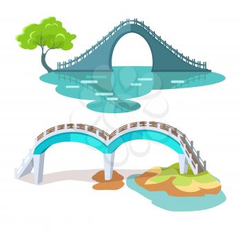 Bridges in Taiwanese style isolated on white vector flat illustration. Two architectural constructions for crossing rivers or lakes in round shape with stair and handles, with and without columns
