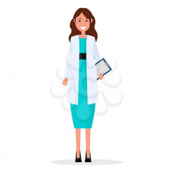 Woman doctor with prescription list isolated vector illustration. Therapist in white uniform, practitioner physician smiling person