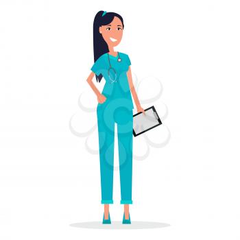 Woman doctor with stethoscope and prescription list isolated vector illustration. Therapist in blue uniform, practitioner physician smiling person