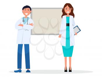 Doctors team isolated on white vector illustration of man with stethophonendoscope and woman with tablet, board behind people