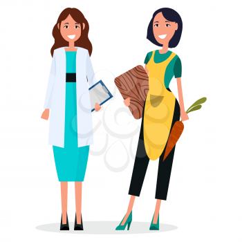 Woman doctor with stethoscope and housewife with cut board and carrot isolated vector. Therapist in white uniform, chef cook in apron