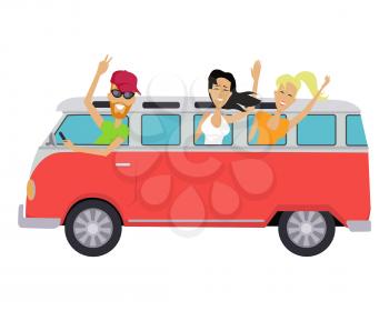 Travelling conceptual banner. People travel by bus. Group of young teenagers traveling in vintage bus. Happy boys and girls waving hands from the bus. Vector illustration in flat style design