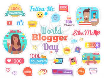 World blogger day with 100 k followers and like me symbol, photo and survey on smartphone with adult boy and girl vector illustration.