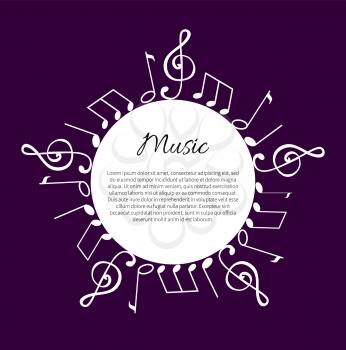 Music notes, notation tablature making round wavy frame and text vector. Melody sounds, visual presentation of sounds. Musical composition circled