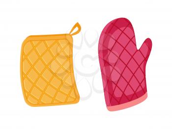 Potholder and oven mitt isolated icons set vector. Protective fabric tissue cloth with square pattern. Gloves protecting form burns cooking mitten
