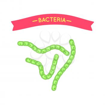 Bacteria virus cell set, microorganism vector icons. Colorful long worm-like bacterium, microbe isolated closeup germs, with caption on ribbon at top.