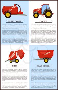 Agricultural machinery set cartoon vector. Compact tractor and slurry tanker, grain trailer and baler, new technique, equipment posters with text samples