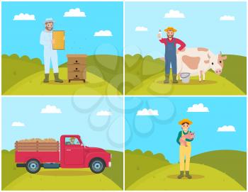 Farmer with milk dairy products set. Beekeeping on field, man tending cattle cow. Woman holding small piglet in hands, breeding of livestock vector