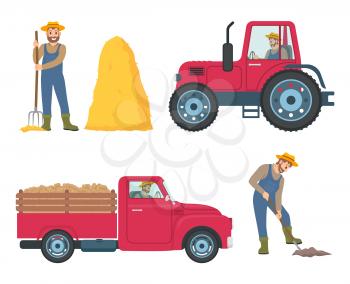 Tractor and lorry icons set vector. Farming man with pitchfork and hay bale, farmer digging soil with spade tool. Cultivation agricultural machinery