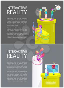 Interactive reality activities, people talking on mobile phone using vr glasses, seeing each other. Posters set with text sample and laptops vector