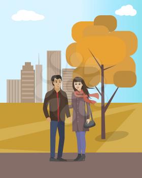 Couple walking in autumn city park together vector. Couple man and woman wearing warm clothes, strolling calmly. Skyscraper and trees with foliage