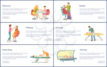 Manicure and manicurist working with client. Tanning and massage masseur, body wrap and hair styling haircut change. Barber for men posters set vector