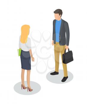 Secretary and boss at meeting. Businessman executive manager with bag briefcase and business documents. Male and female workers 3d isometric vector