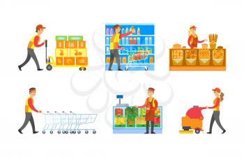 Supermarket store departments workers set vector. Man arranging bottles at shelves, shopping trolley. Cleaner and loader with goods. Bakery and fruits