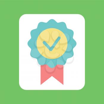 Check mark with ribbon, circle colorful tick icon, flat design element of voting. Badge of agreement on green, label of positive decision, success vector