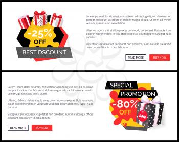Best discount on new collection, total sale ever 80 percent off shopping tags with info, best offer vector sites. Shop landing pages, read more and buy now