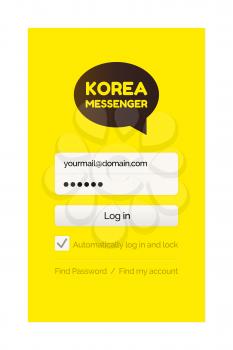 Korean messenger with filling form vector, yellow start page. Mobile social network for global communication, kakao talk chatting in internet online