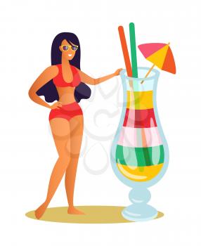 Tourist on beach vector, exotic cocktail served with umbrella and straws. Partying lady wearing sunglasses, cool drink in glass,tropical vacations holiday