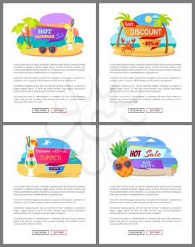 Summer discounts for special clients vector, web pages with info. Palm trees, coast and water of sea, cocktail and lemonade in glass, pineapple set