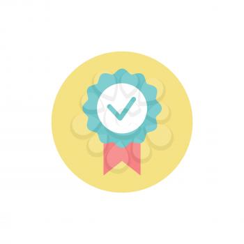 Check mark in circle vector, prize award for achievements isolated icon. Seal with ribbon and rounded shape, approved choice, positive response tick
